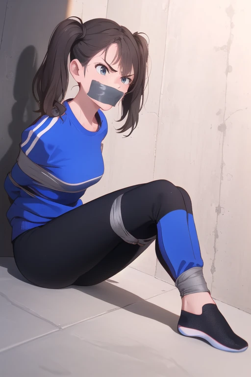 ((1 girl)), ((twin tails)), (sexy),  ((simple_background)), ((concrete floor, concrete wall)), ((underground room)), ((arms behind back)), ((scowl)), ((sitting on the knees)), ((tape gag)), ((tied legs)), ((tied ankle)), ((helpless)), ((calm)), ((strugglin...