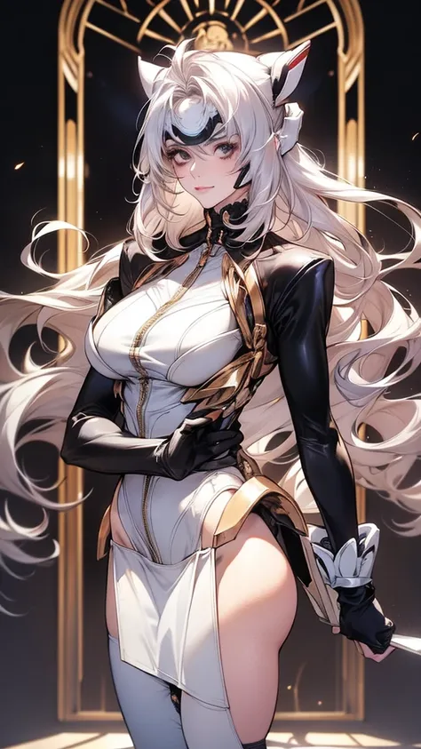 (masterpiece: 1.2), (best quality: 1.2) 1 woman, mature, tall (1.85), appeared to be around 25 years old, had silver (light) hair, straight and shiny hair, tied up in samurai bun, bangs, silver eyes like the purest silver, extremely detailed eyes, perfect ...