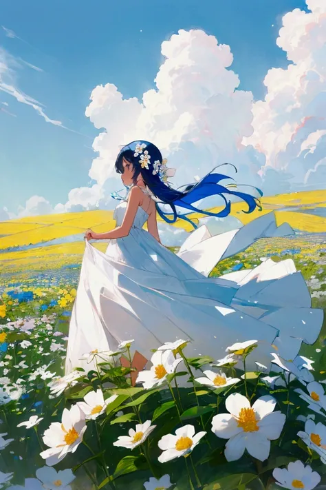 masterpiece,Cute 1 girl, White sundress suits you,background: A flower field filled with colorful flowers。In the distance you can see blue skies and fluffy clouds.。