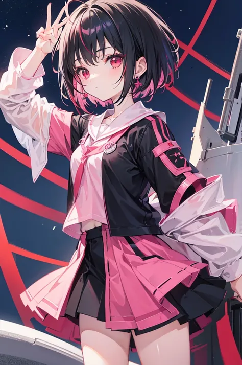 Anime, girl, teenage, hime-cut, short hair, black hair, red eyes, cool, , earrings, night, highlights pink under hair, 