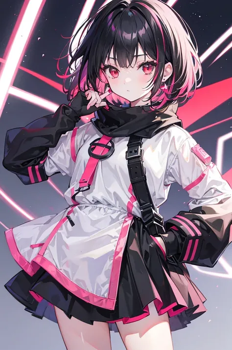 Anime, girl, teenage, hime-cut, short hair, black hair, red eyes, cool, , earrings, night, highlights pink under hair, 