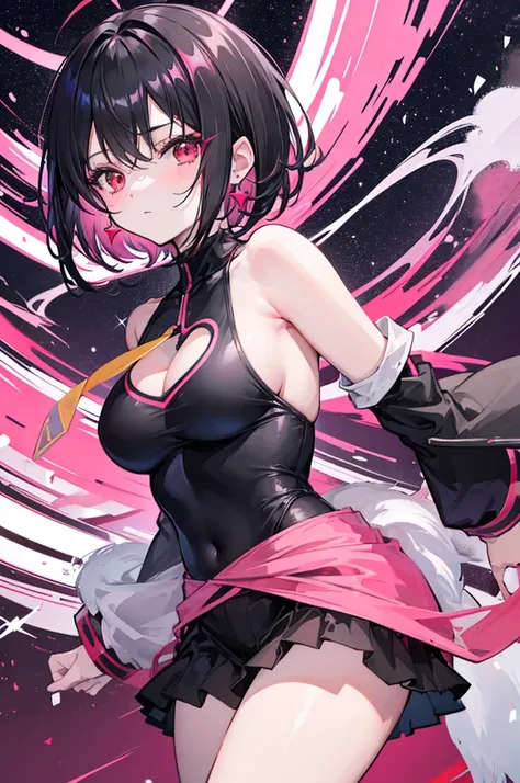 Anime, girl, teenage, hime-cut, short hair, black hair, red eyes, cool, , earrings, night, highlights pink under hair, big boob,