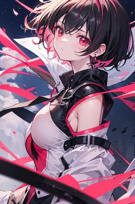 Anime, girl, teenage, hime-cut, short hair, black hair, red eyes, cool, , earrings, night, highlights pink under hair, big boob,