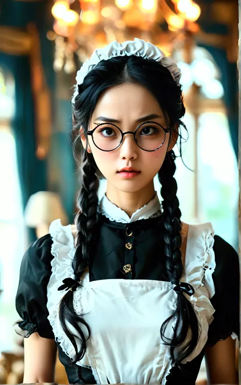 ４ｋ、Super Resolution、Very realistic live action、Background of a luxurious mansion、A woman in a maid outfit、Chinese American、Bizarre look、Super aggressive look、Wearing round glasses、Very narrow eyes and poor eyesight、Handguns in both hands crossed above head...