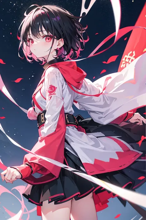 Anime, girl, teenage, hime-cut, short hair, black hair, red eyes, cool, , earrings, night, highlights pink under hair, Chinese,