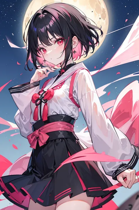 Anime, girl, teenage, hime-cut, short hair, black hair, red eyes, cool, , earrings, night, highlights pink under hair, Chinese,