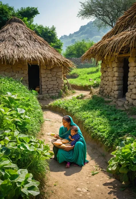 A couple of ancient houses, in a greenery place, where a woman has alot of breads, (roties) in her hands, the woman is out of hut, she is feeding with bread to her child.