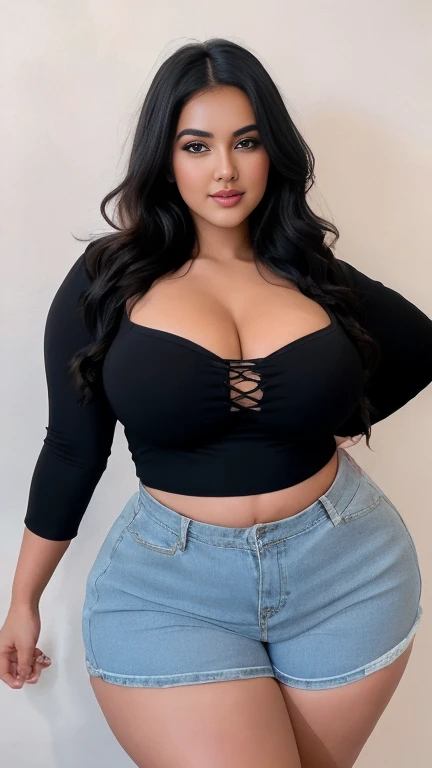 Radhika marchent Indian beautiful woman curvy plus size hour glass bulky huge figure woman, closeup camera view, big huge m-cup breast, wearing SHEIN Teen Girl Letter Graphic Cami Top & Shorts & Mesh Top Color: Multicolor , covered Bust , elegant standing ...