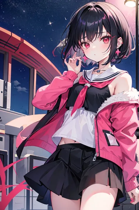 Anime, girl, teenage, hime-cut, short hair, black hair, red eyes, cool, , earrings, night, highlights pink under hair, night towns,