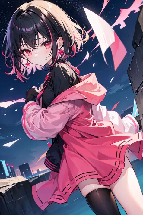 Anime, girl, teenage, hime-cut, short hair, black hair, red eyes, cool, , earrings, night, highlights pink under hair, night towns,