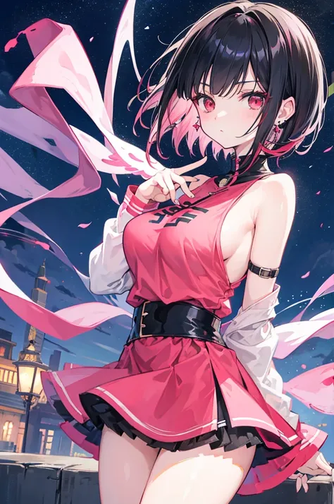 Anime, girl, teenage, hime-cut, short hair, black hair, red eyes, cool, , earrings, night, highlights pink under hair, big boob, night towns,