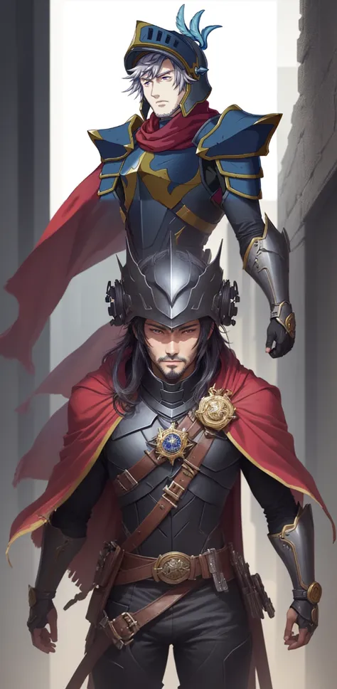 Anime character with helmet and red cape, Masamune shiro, Arsene Lupin as a Paladin, a human Male Paladin, Casimir Art, Masamune, portrait of dragoon, Male Paladin, Inspired by Lee Knight, Nobutaka Ike, Valgaat style, Hero 2D Fanart Art, Official Art