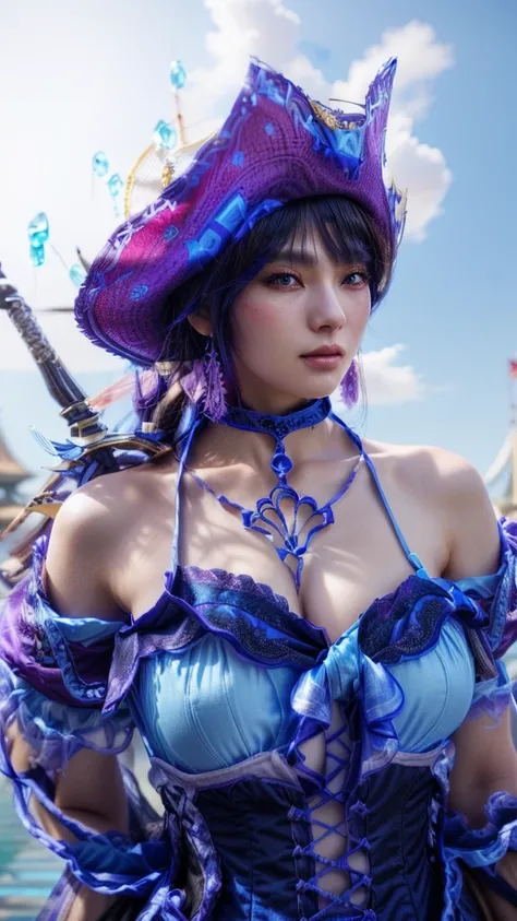 there is a woman in a blue dress and a pirate hat, inspired by Li Mei-shu, Fantasy with 4K detail, seductive mesmer woman, from ncsoft, inspired by Leng Mei, 8k octae render photo, from lineage 2, hyperdetailed fantasy character, mmo, a beautiful fantasy e...