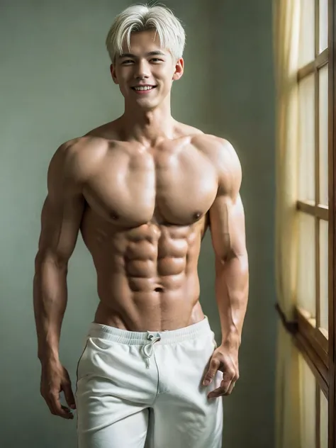 ((masterpiece)), ((best quality)), ((high resolution)), ((Detailed background)), ((Extremely detailed CG unified 8k wallpaper)), alone, Young men,white hair,short hair,Smile,thin waist，6-pack abs，sexly pectoral muscles,sexly, Thin stature,detailed body, fu...