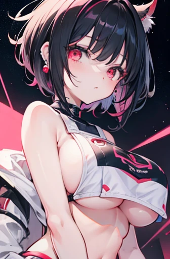 Anime, girl, teenage, hime-cut, short hair, black hair, red eyes, cool, , earrings, night, highlights pink under hair, big boob, night towns,