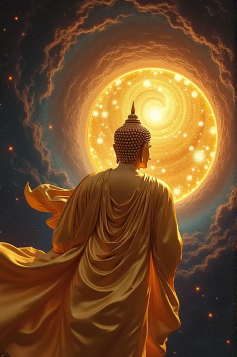 stars，Infinite space，The great Maitreya Buddha hurried towards the enormous space-time tunnel.，Highly detailed portrait of a large golden Buddha with the sun god&#39;s halo.，break through，depth of field，((Masterpiece))，(best quality))，Beautiful space scene...