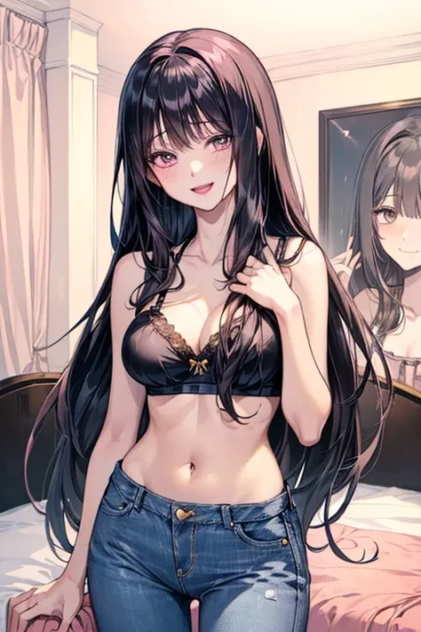 Very detailed、highest quality、Best image quality、masterpiece、8k、Anime Face、A kind smile、Open Mouth、((black long hair:1.5))、big breast, sexy、 beautiful body 、Cowboy Shot, Sexual Intercourse, ((pink eyes)), hotel bedroom, ((( Jeans))), (((yellow bra)))