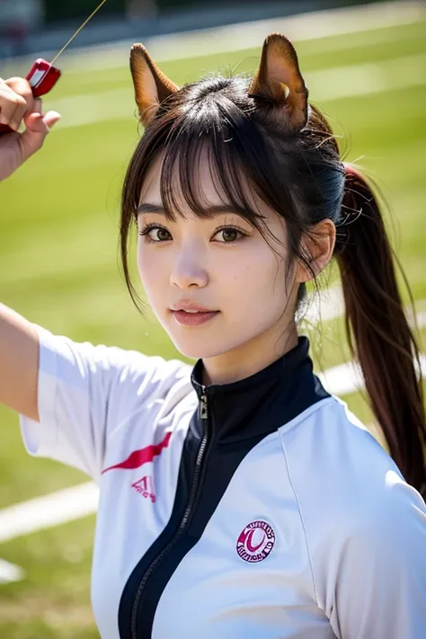 Japanese women,Age２２age,cute face.Long hair,Color: Black,ponytail.Squirrel ears are growing out of his head,The color is brown.The uniform is for archery..The color is white with vertical pink lines.The location is Paris, France.The seasons are８moon,hour間帯...