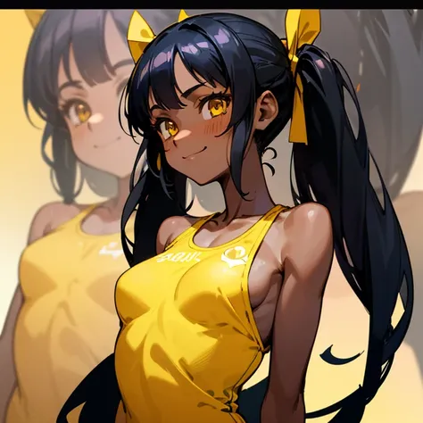 A girl, just posing, with long flowing black hair tied in twin tails with ribbons, flashing a radiant smile, in a yellow-tinted, one-piece swimsuit, revealing a flat chest and toned shoulders, in the warm sun, close-up, zoom layers revealing intricate deta...