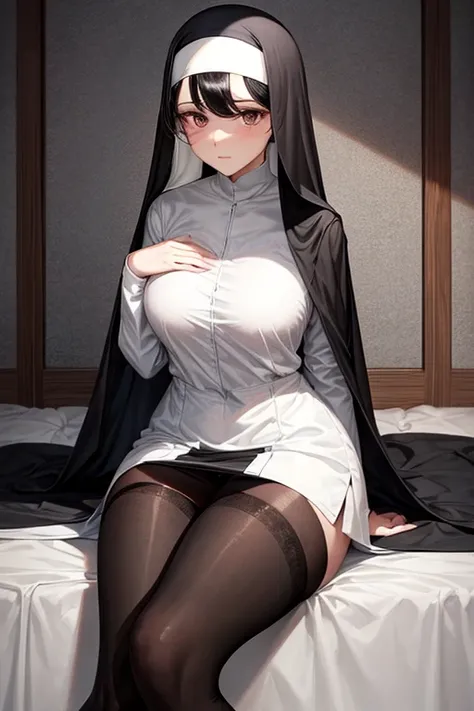 Female nun uniform, black stockings, ,long black hair
