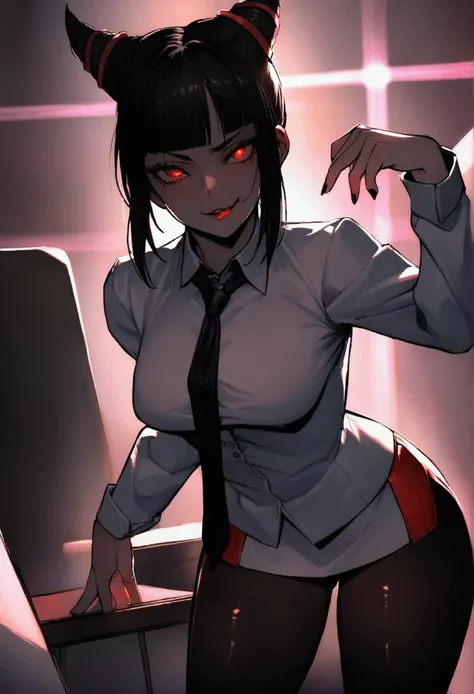 Juri Han, Artwork, fitted white secretary shirt with black tie, mini skirt short, skirt short,black tights, Bblack hair, blackstockings,Evil smile,desk,bangs on the eyes,Lighting,horn of hair,red eyes glowing,neckleace,labiaa,sultry posing
