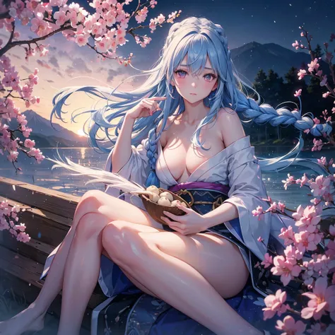 Sky blue hair, (1 braided hair), (Pink eyes),Fair skin)  ,(whole body),(One Girl),(White sweet dumplings ),Japanese pampas grass,(beautiful, Full moon shining in the night sky),(masterpiece, Highest quality, Very detailed, Best Shadow), (Detailed Backgroun...