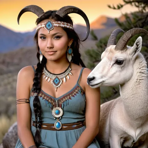 (grainy:0.5), cinematic, beautiful girls 25 year old native american,fantasy,(solo:1.3), detailed eyes, detailed face, detailed native american sexy clothing, volumetric lighting, dusk, extremely detailed background, standing next to tree and mountain, smi...