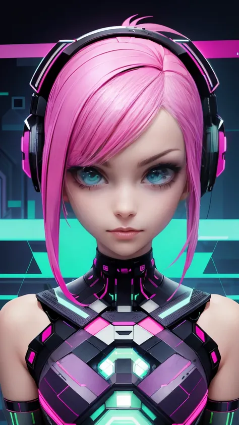 solo, front view, 1girl, PORTRAIT, (electric Pink hair), (electric green eyes), ((Cyber punk outfit)), (symmetrical eyes), (Perfect face), (Perfect Anatomy), (looking at viewer), (cyber shot), ((Glitch Art background)), (glitch art:1.3) ((glitch effect)), ...