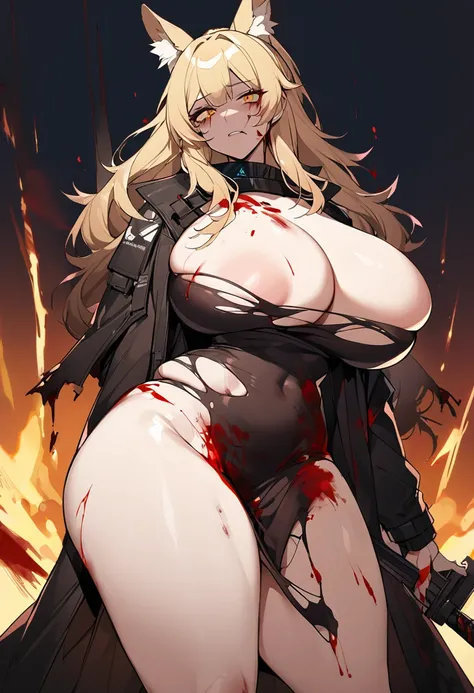 Blemishine(Arknights),yellow hair,animal ears,curvy body,wearing original clothes(torn off), big breast,big thighs, covered in blood,gore,fatally injured, bruised body,bruised face,no background,midnight setting,nsfw, uncensored.