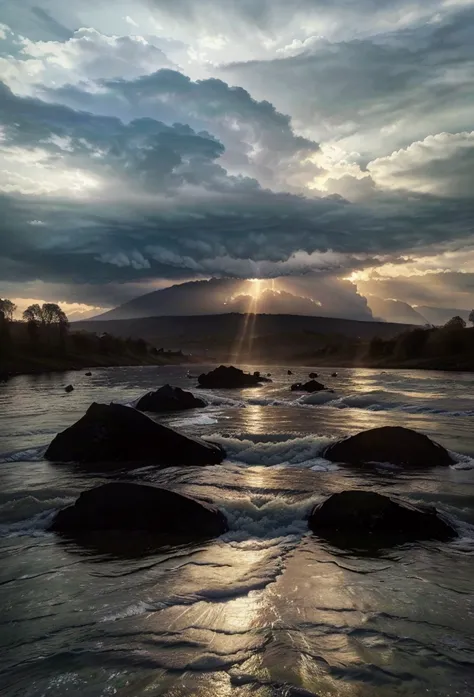 a detailed wooden bridge crossing a turbulent river, serene and sunny landscape in the background, sunlight filtering through clouds, dramatic lighting, dramatic clouds, dramatic sky, peaceful, tranquil, bridge leading to new beginnings, overcoming adversi...