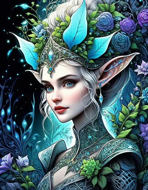 (zentangle, datura, fractal, lattice), (surreal fractal art:1.3), (elf princess with beautiful elf ears, mechanical bioluminescent:1.5), (Very detailed, 8k, beautiful epic dramatic scene), (photorealistic, cinematic lighting, dramatic, stunning composition...