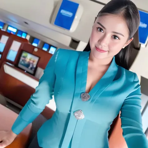 1girl, solo, standing,  beautifully international airport scenery, cute little smirk, detailed eyes, thick medium breasts, smooth realistic skin, wearing flight attendant uniform, looking at the audience, (Overhead shot:1.3), (zoom out:1.4), (8k, RAW photo...