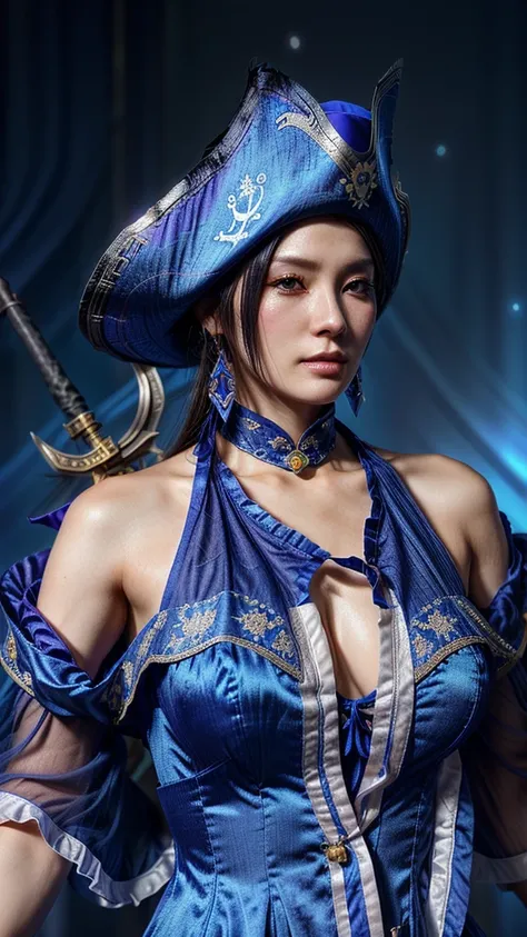 there is a woman in a blue dress and a pirate hat, inspired by Li Mei-shu, Fantasy with 4K detail, seductive mesmer woman, from ncsoft, inspired by Leng Mei, 8k octae render photo, from lineage 2, hyperdetailed fantasy character, mmo, a beautiful fantasy e...