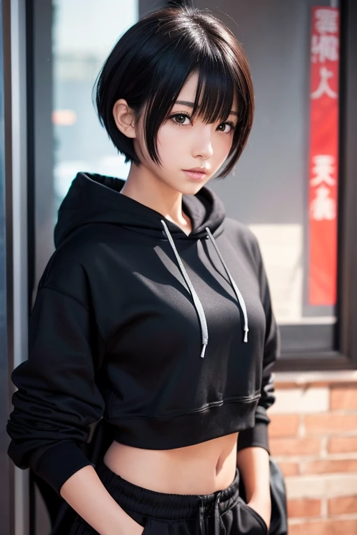 beautiful girl、anime、comics、An illustration、beautifulな色、High resolution、short hair、Short black hair、Red inner color、beautifulな青色の瞳、boyish、beautiful、beautiful、Muscular、training、hoodie、cool、