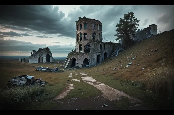 There is a tall tower sitting on a mountain with a cloudy sky, dark ruins landscape, old ruins tower, lookout tower, abandoned ruins landscape, Hard Tower, In the cyberpunk countryside, post processed denoised, abandoned building, watertank, collapsed wate...