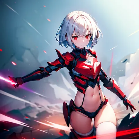 (girl)(white short hair)(red eyes)(Driving exoskeleton armor)(Cool battle scenes)(The blade flickers)(Fierce clash of weapons)4K