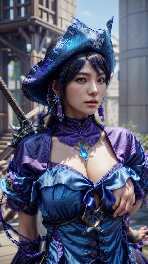 there is a woman in a blue dress and a pirate hat, inspired by Li Mei-shu, Fantasy with 4K detail, seductive mesmer woman, from ncsoft, inspired by Leng Mei, 8k octae render photo, from lineage 2, hyperdetailed fantasy character, mmo, a beautiful fantasy e...