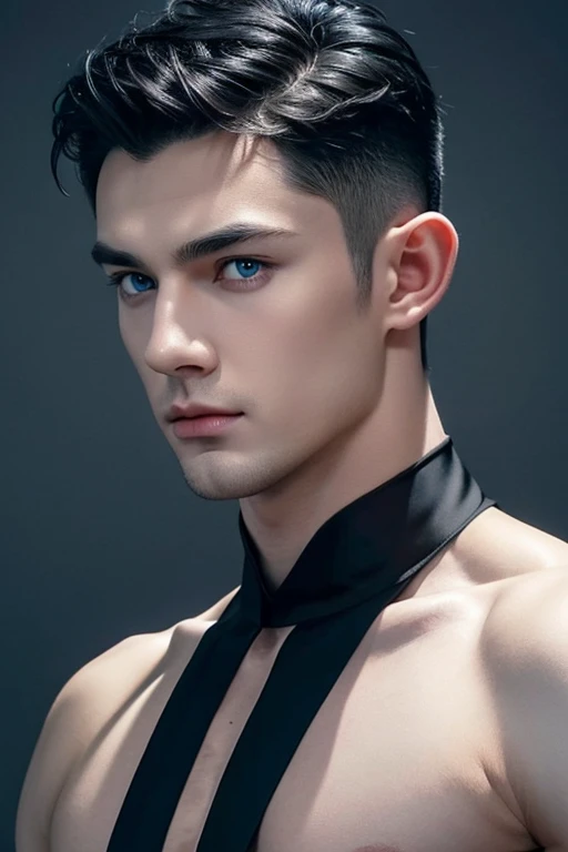 Caucasian man, thin nose, thin lips, blue eyes, black hair, black cats ears on his head, jock putfit, young handsome face, best quality,masterpiece,Ultra high detail,A handsome muscular man, completely black deer horn on his head, topless, black micro thon...