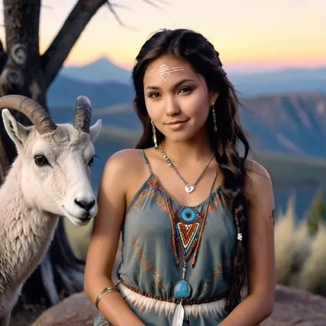 (grainy:0.5), cinematic, beautiful girls 25 year old native american,fantasy,(solo:1.3), detailed eyes, detailed face, detailed native american sexy clothing, volumetric lighting, dusk, extremely detailed background, standing next to tree and mountain, smi...