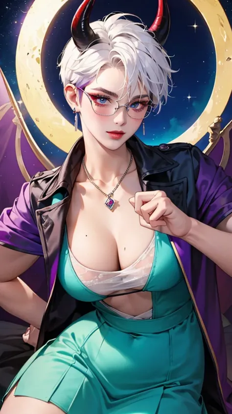 8k, masterpiece, best quality, highly detailed, 1 girl, tiefling, warlock, pixie cut, multicolored hair, very short straight hair red highlight hair on white hair, strippled hair, wearing glasses, round glasses, earrings, navel piercing, red eyeshadow, lon...