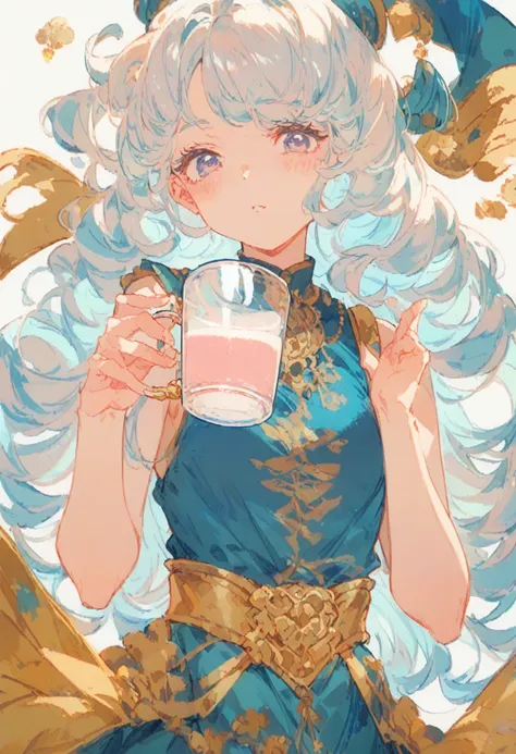 Human girl about 10 years old。Priest in a fantasy world。White base with gold embroidery、Blue robes as accent color。Milk tea colored curly hair。