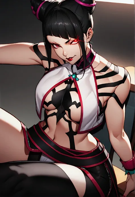 Juri Han, Artwork, fitted white secretary shirt with black tie, mini skirt short, skirt short,black tights, Bblack hair, blackstockings,Evil smile,desk,bangs on the eyes,Lighting,horn of hair,red eyes glowing,neckleace,labiaa,sultry posing,sitting on a cha...