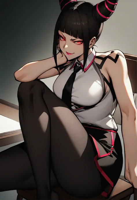 Juri Han, Artwork, fitted white secretary shirt with black tie, mini skirt short, skirt short,black tights, Bblack hair, blackstockings,Evil smile,desk,bangs on the eyes,Lighting,horn of hair,red eyes glowing,neckleace,labiaa,sultry posing,sitting on a cha...