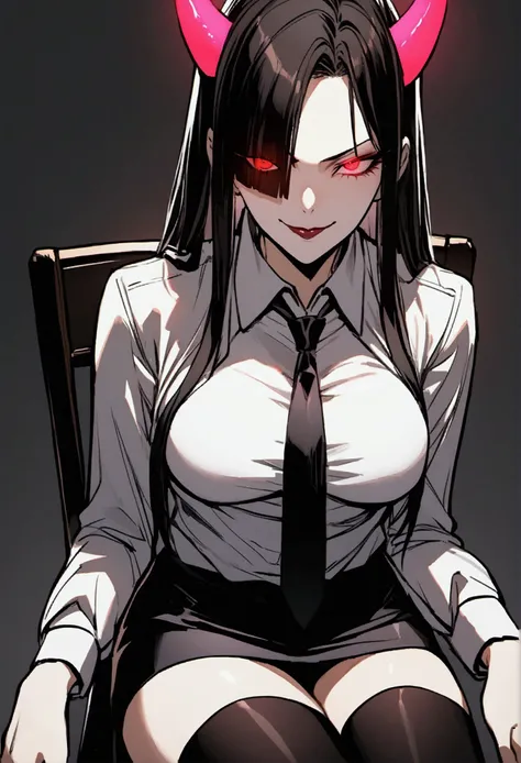 Juri Han, Artwork, fitted white secretary shirt with black tie, mini skirt short, skirt short,black tights, Bblack hair, blackstockings,Evil smile,desk,bangs on the eyes,Lighting,horn of hair,red eyes glowing,neckleace,labiaa,sultry posing,sitting on a cha...