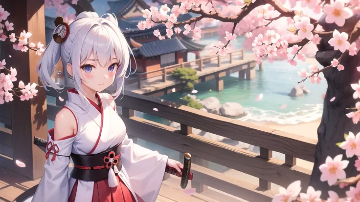 Cute samurai girl with sword, Cherry blossom tree in the background