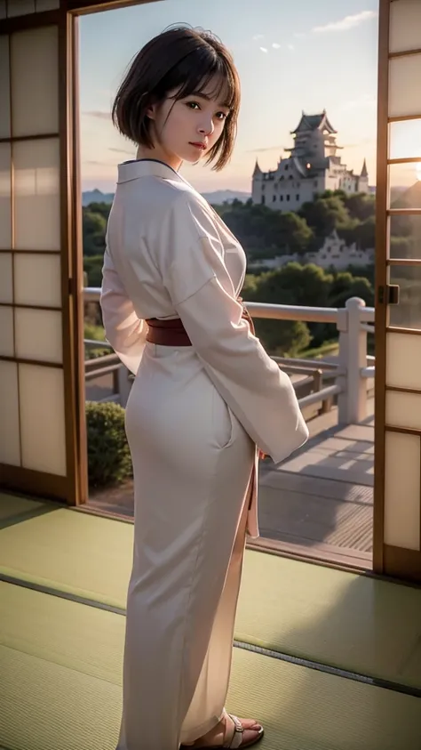 ((Framing Photo)), 
((1 girl looks at the sky of the sunset glow while passing through lattice doors: 1.2)), 
White Gravel Roads:1.2, (Japanese Castle in the Background:1.5), Rivers:1.2, 
Short Bob Cut:1.2, Japanese, 20-year-old girl:1.2, Brown Hair, Blush...