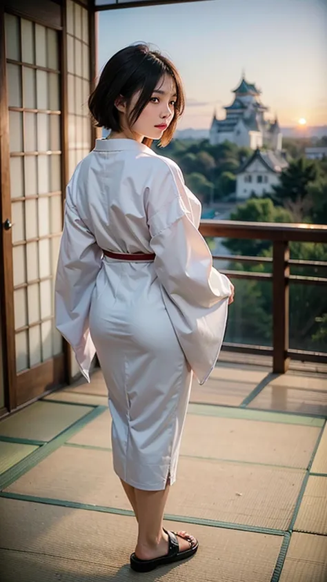 ((Framing Photo)), 
((1 girl looks at the sky of the sunset glow while passing through lattice doors: 1.2)), 
White Gravel Roads:1.2, (Japanese Castle in the Background:1.5), Rivers:1.2, 
Short Bob Cut:1.2, Japanese, 20-year-old girl:1.2, Brown Hair, Blush...