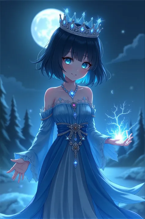 night, ((1 girl)), alone, masterpiece, 8k wallpaper, High resolution, Absurd, High Quality Backgrounds, short hair, Black Hair, Multicolored Hair, Beautiful frozen village, (Bright full moon), Blue clothes, Detailed dress, Jewelry Dress, (magic:1.2), blue ...