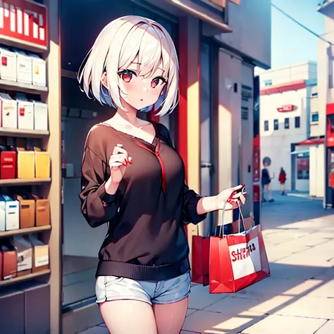 (girl)(white short hair)(red eyes)(shopping)4K