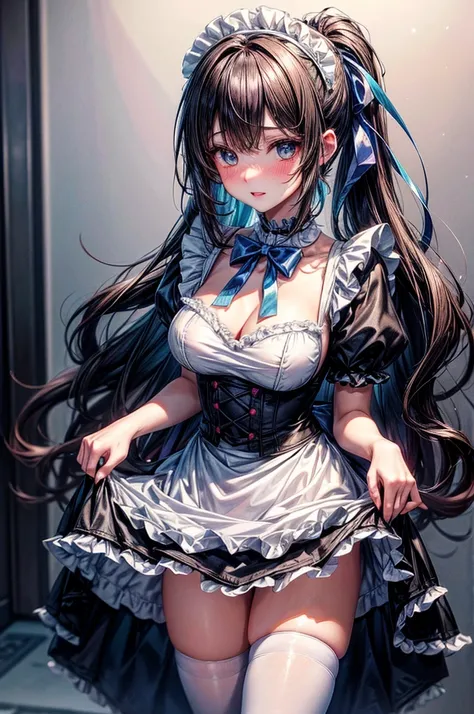 Arafed image of a beautiful girl dressed as a maid and white stockings posing for a photograph, anime girl, royal blue maid uniform with miniskirt and ruffles, short sleeves, choker with a blue bow, white apron, low-cut chest, large round breasts, colored ...